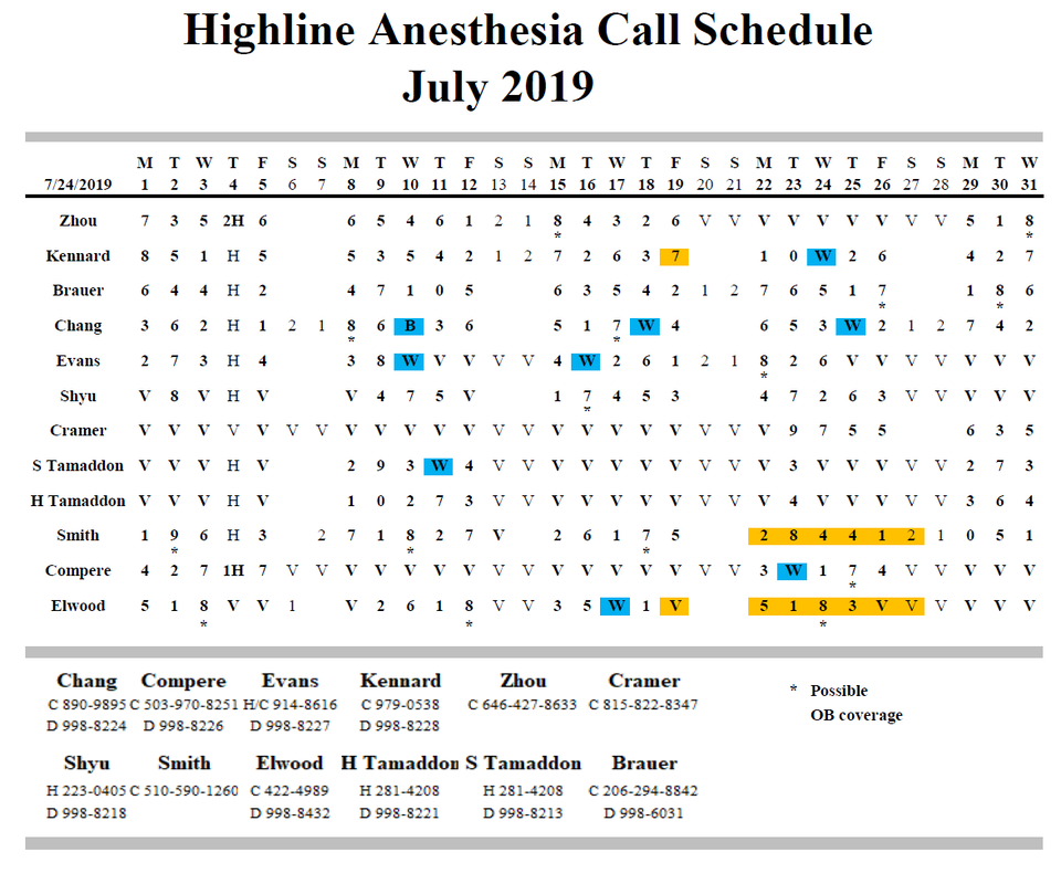 anesthesia call schedule